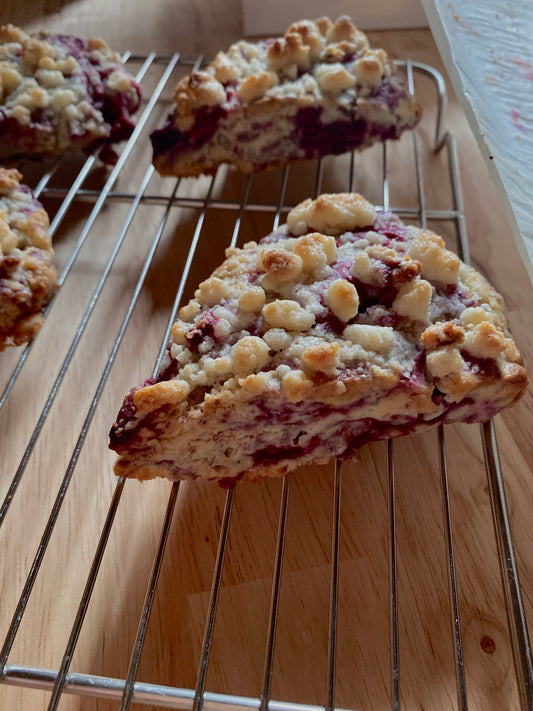 Holiday morning raspberry crumble scones